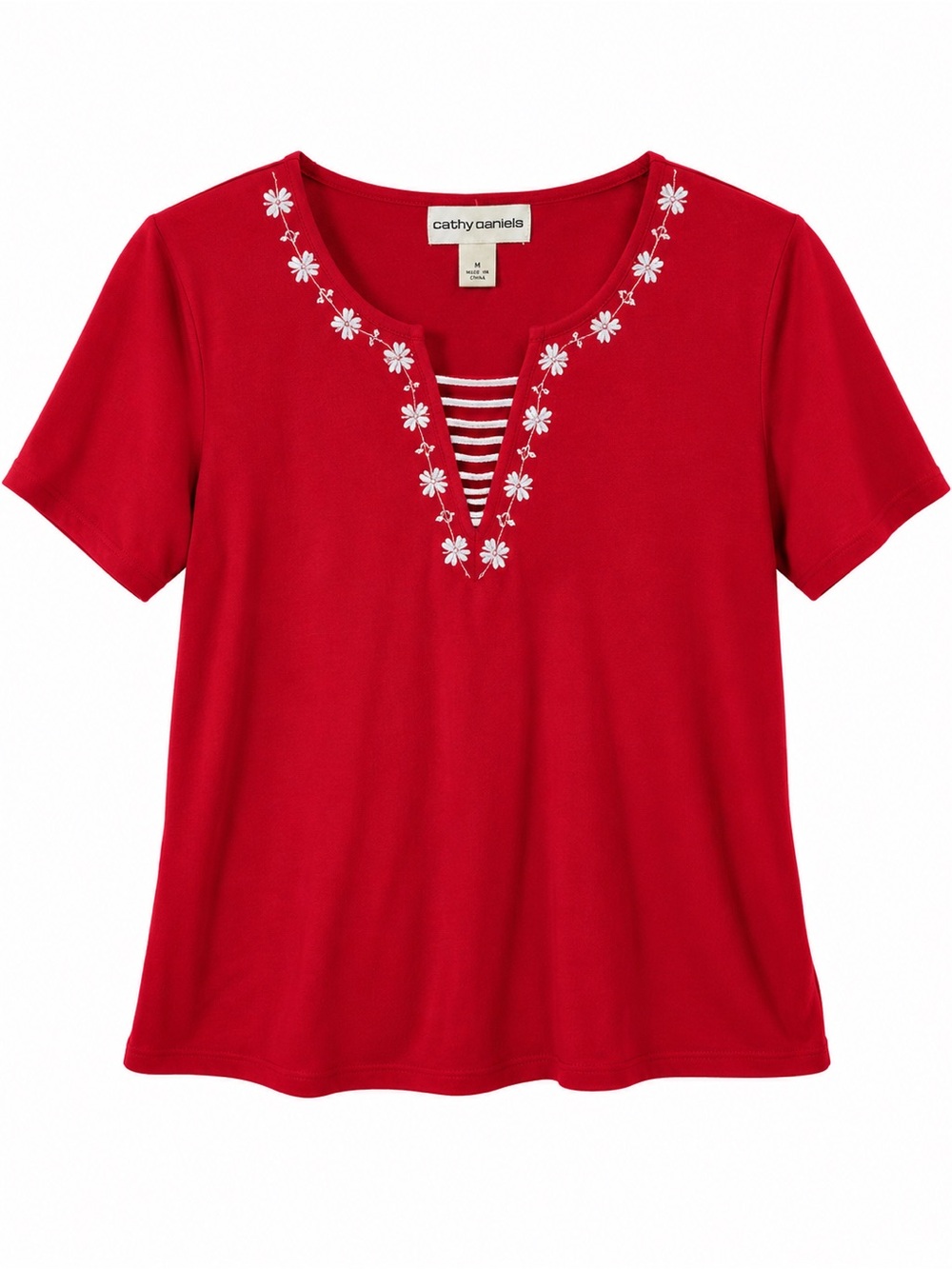 Cathy Daniels Red Embroidered Short Sleeve Top Size Medium Cotton Blend